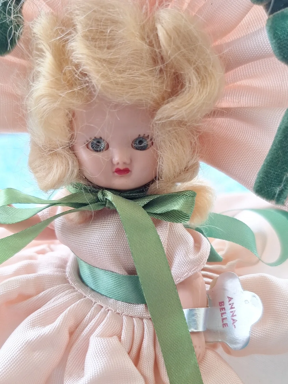 1940s Peach & Green Vintage Hollywood Doll with Bonnet